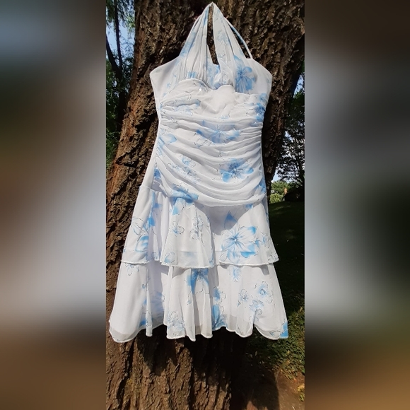 Y2k white & blue flower Halter Dress - Picture 2 of 3